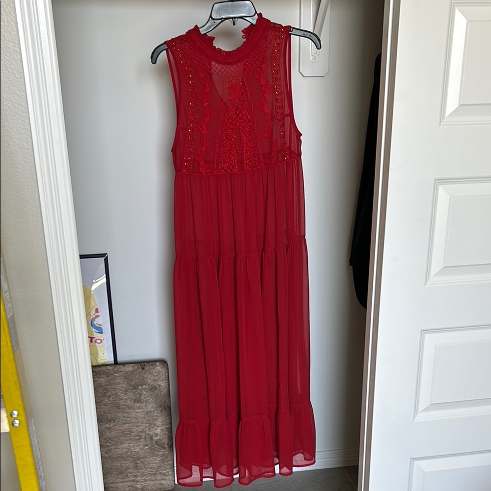 GUESS Red Sleeveless Sheer Maxi Dress